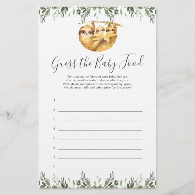 Papier Sloth Baby shower Devine The Baby Food Game (Devant)