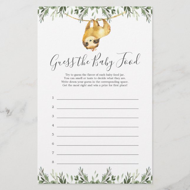 Papier Sloth Baby shower Devine The Baby Food Game (Devant)