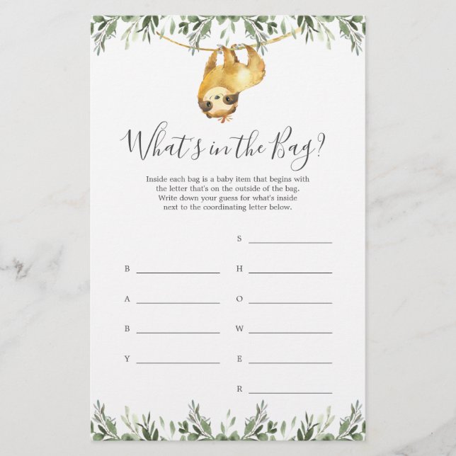 Papier Sloth Baby shower Devinez ce qu'il y a dans le jeu (Devant)