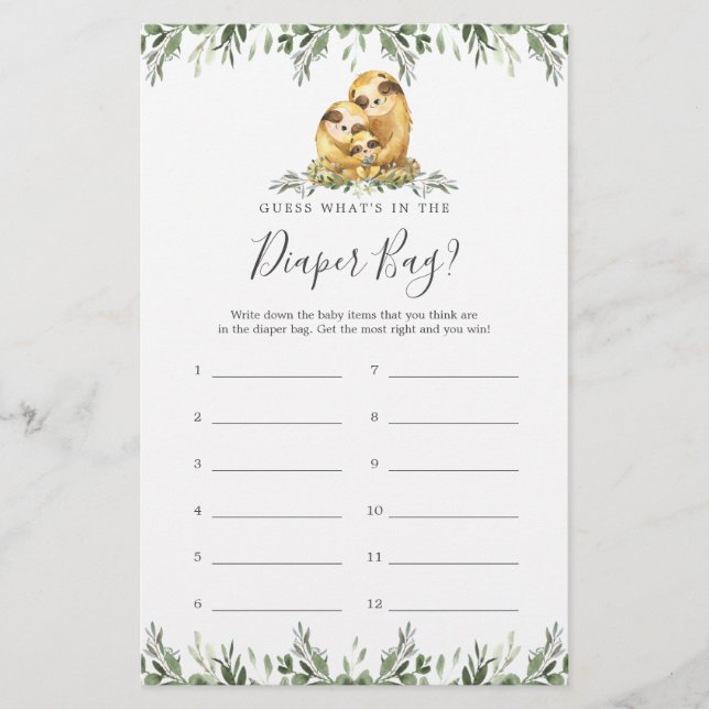 Papier Sloth Baby shower Devinez ce qu'il y a dans le sac (Devant)