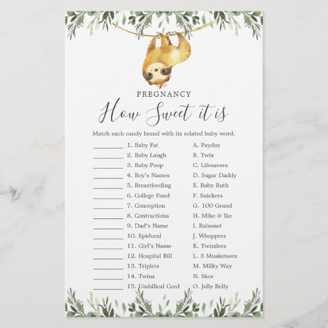 Papier Sloth Baby shower Grossesse Comme Il Est Doux Jeu (Devant)