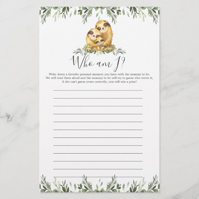 Papier Sloth Baby shower Qui Suis-Je Jeu (Devant)