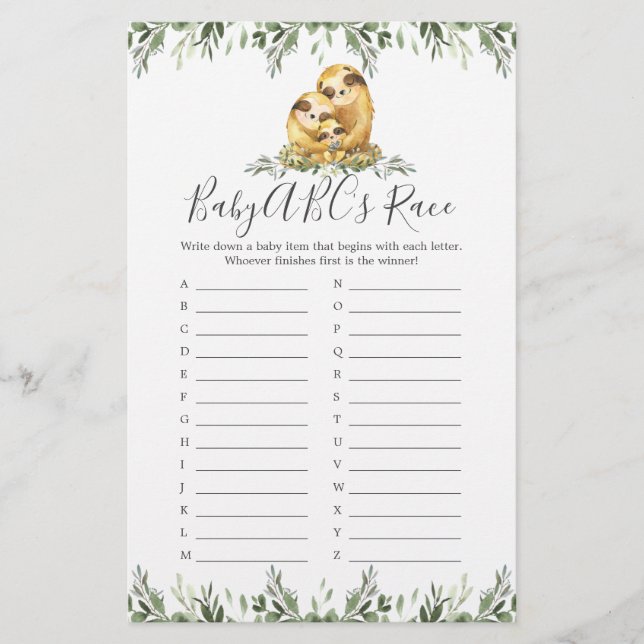 Papier Sloth Family Baby shower ABC's Race Game (Devant)