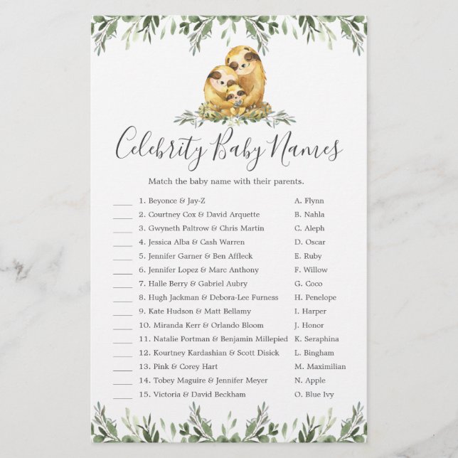 Papier Sloth Family Baby shower Celebrity Baby Names Jeu (Devant)