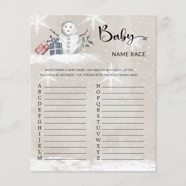 Papier Snowman Baby shower Baby Name Race Game (Devant)