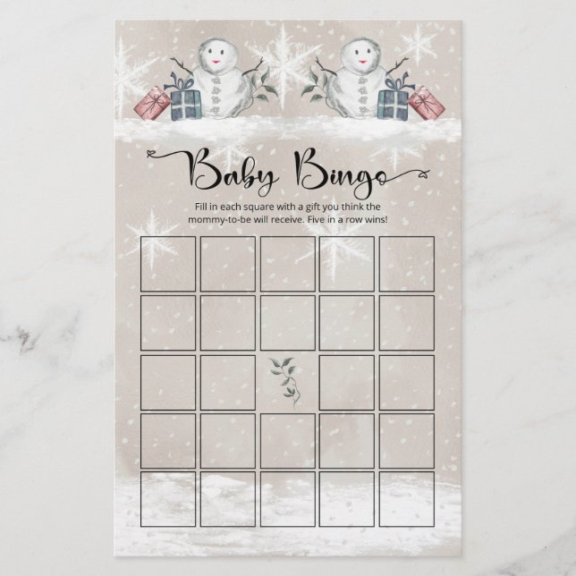 Papier Snowman baby shower bébé jeu de bingo (Devant)