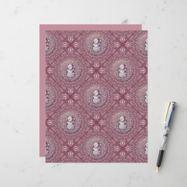 Papier Snowman rose Whimsical Mandala Geo Tile Scrapbook (Devant/Arrière en situation)