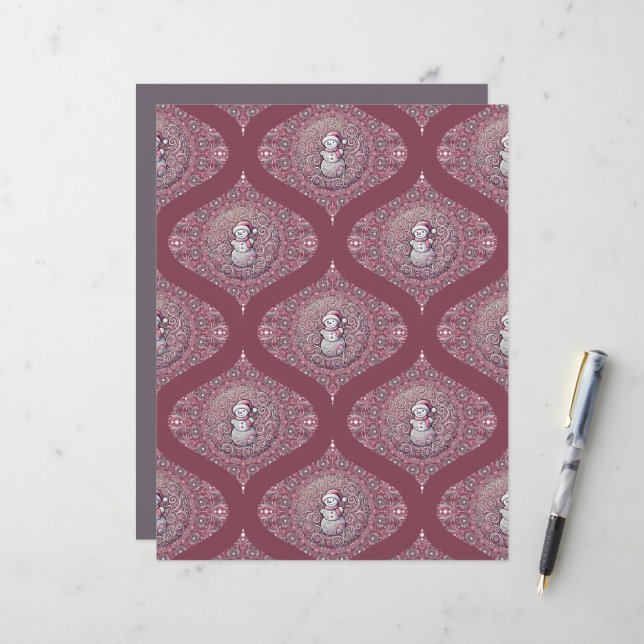 Papier Snowman rose Whimsical Mandala Ogee Scrapbook (Devant/Arrière en situation)