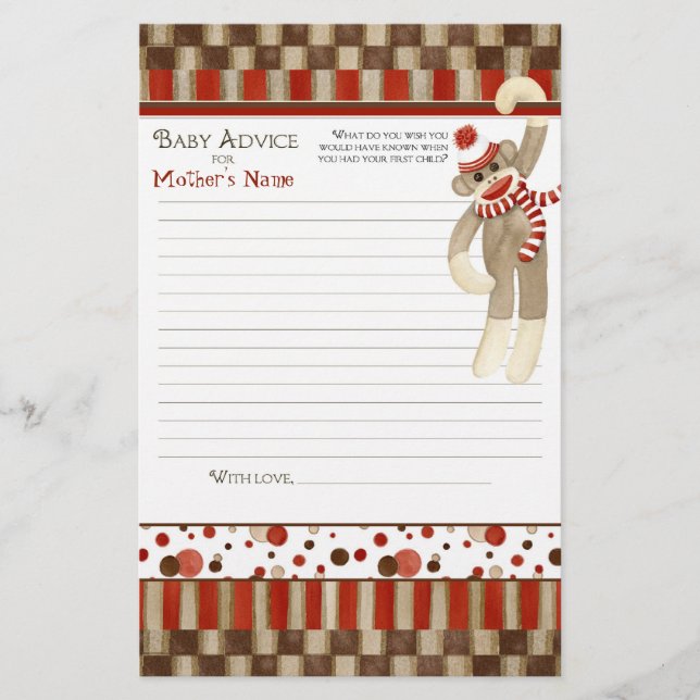 Papier Sock Monkey, Boy Baby shower Conseils (Devant)