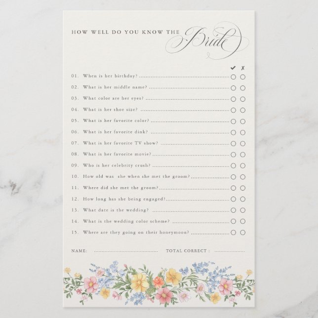 Papier Soft Pastel Ornate Spring chic Bridal Shower Game (Devant)