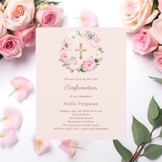 Papier Soft pink blush florals Confirmation invitation (Créateur téléchargé)
