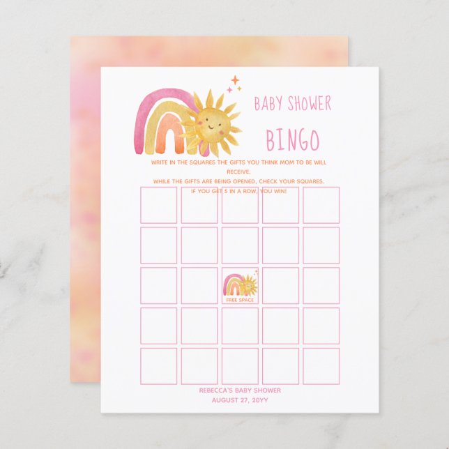 Papier Soleil | Rainbow Sunshine Baby shower Bingo Invita (Devant / Derrière)