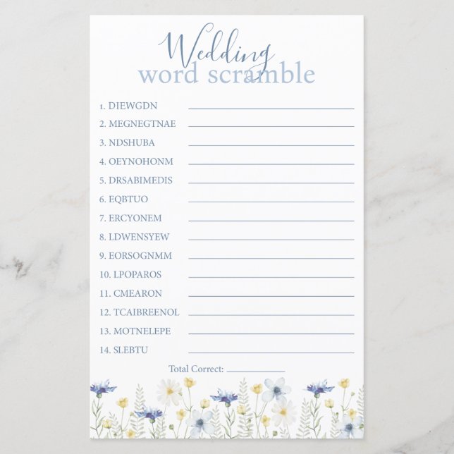 Papier Something Blue Wedding Word Scramble (Devant)
