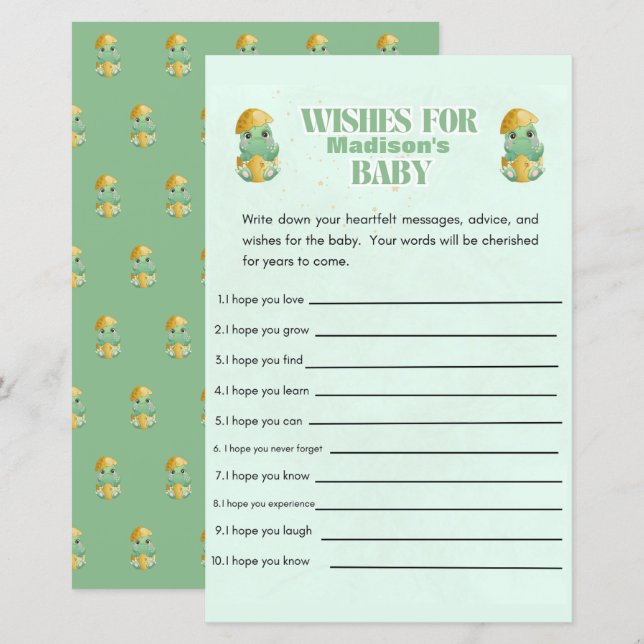 Papier Souhaits Dino Personnalisés pour le jeu de Baby sh (Devant / Derrière)