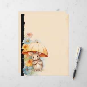 Papier Souris avec parapluie jaune fleur bleue orange ros