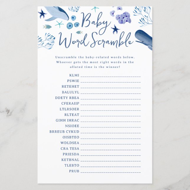 Papier Sous la mer Blue Boy Whale Baby Word Scramble (Devant)