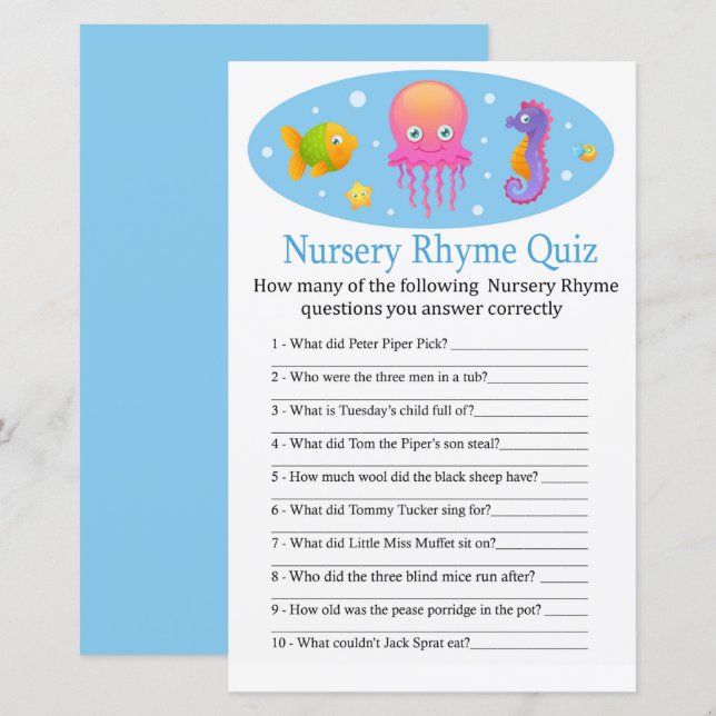 Papier Sous la mer Nursery Rhyme Quiz jeu de baby shower (Devant / Derrière)