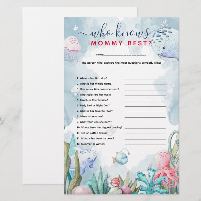Papier Sous la mer "Qui connaît maman le meilleur" Baby s (Devant / Derrière)