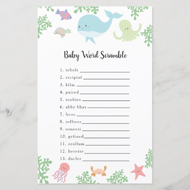 Papier Sous le Baby shower de la mer Word Scramble Jeu (Devant)