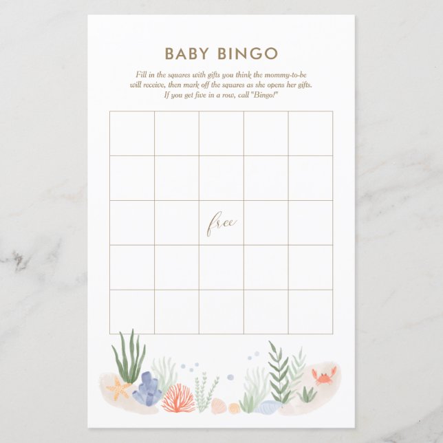 Papier Sous le Baby shower de mer Jeu de Bingo (Devant)