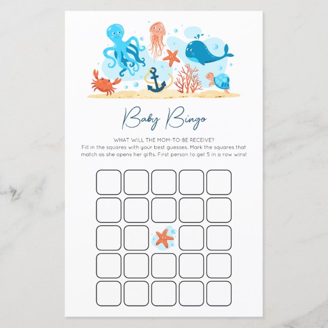 Papier Sous le Baby shower de mer jeu de bingo (Devant)