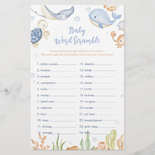 Papier Sous les animaux de mer Baby shower Word Scramble