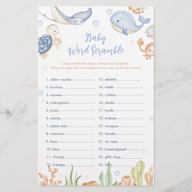 Papier Sous les animaux de mer Baby shower Word Scramble (Devant)