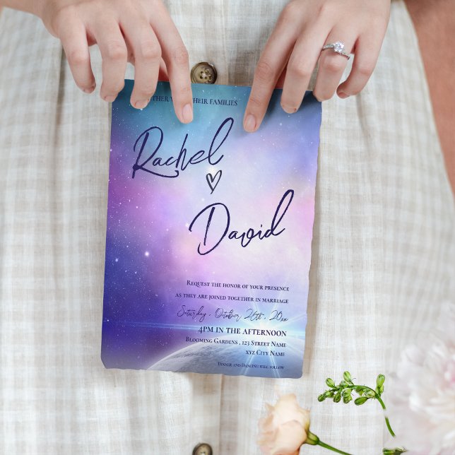 Papier Sous les étoiles violet rose Mariage de la typogra (Under the Stars Purple Pink Typography Wedding Invitation)