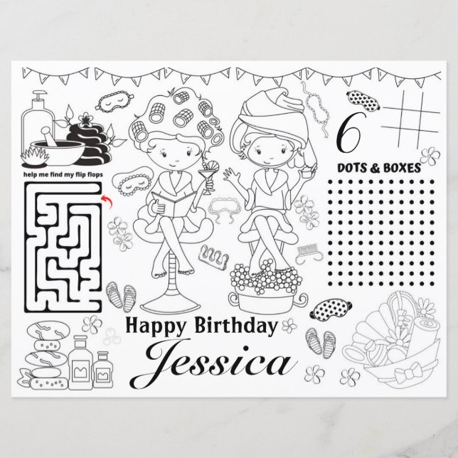 Papier Spa birthday party activity coloring games (Devant)