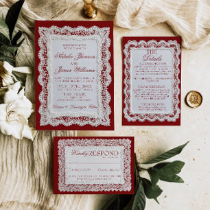 Papier-Spitze-Burgund-Altes-Geld-Doily-Foto-Hochze Einladung