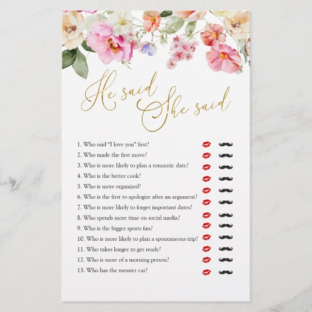 Papier Spring Floral Bridal Shower He Said She Said Game (Devant)