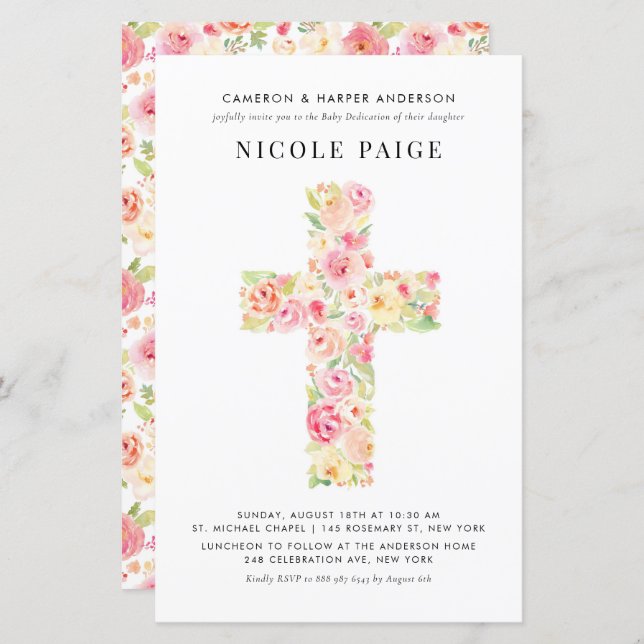 Papier Spring Floral Cross Baby Dedication Invitation (Devant / Derrière)