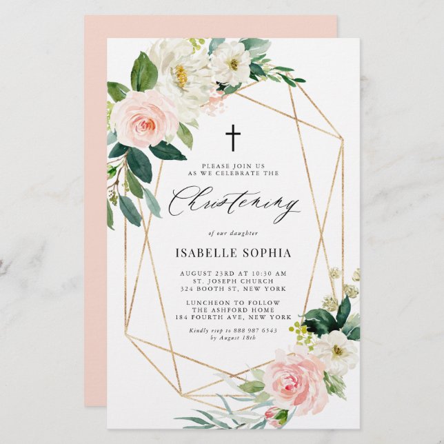 Papier Spring Florals Gold Frame Christening Invitation (Devant / Derrière)