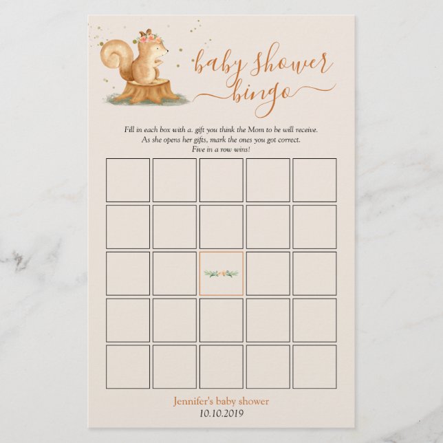 Papier Squirrel Woodland Animals Baby Shower Bingo Game (Devant)