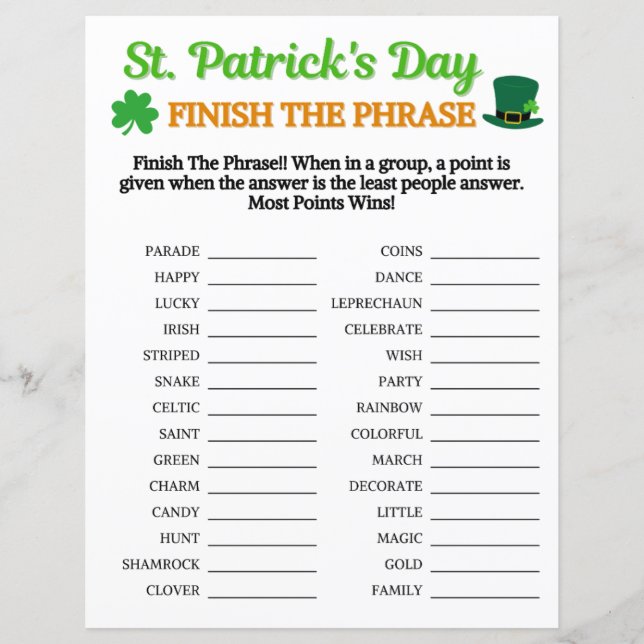 Papier St. Patrick's Day Finish The Phrase Game (Devant)