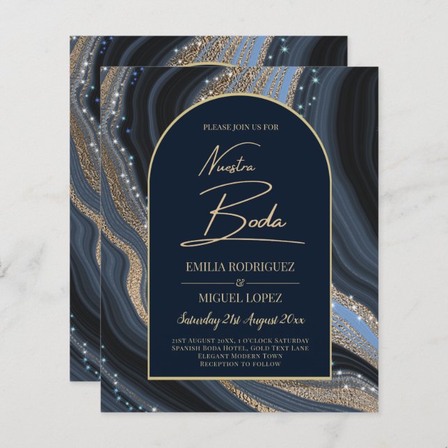 Papier Starry Night Navy Gold Agate NUESTRA BODA Invitati (Devant / Derrière)