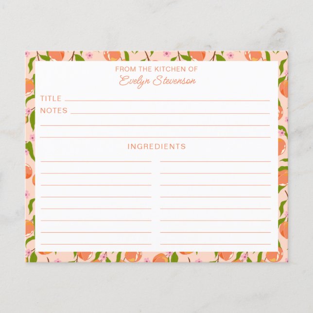 Papier Stylish Peach Fruit Botanical Cute Recipe Card (Devant)