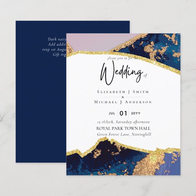 Papier Sublime Blue Gold Agate Mariage Invitations (Devant / Derrière)