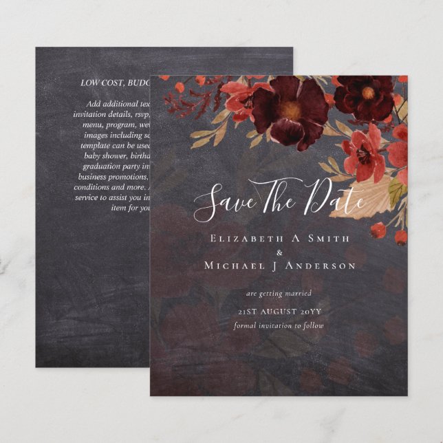 Papier Sublime Bourgogne Floral Mariage SAVE DATES Budget (Devant / Derrière)