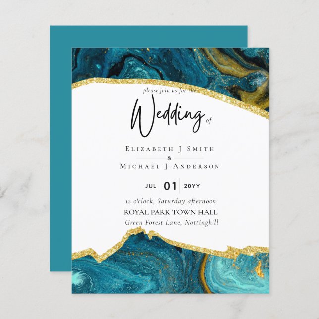 Papier Sublime TURQUOISE OR Agate Style Mariage Invitatio (Devant / Derrière)