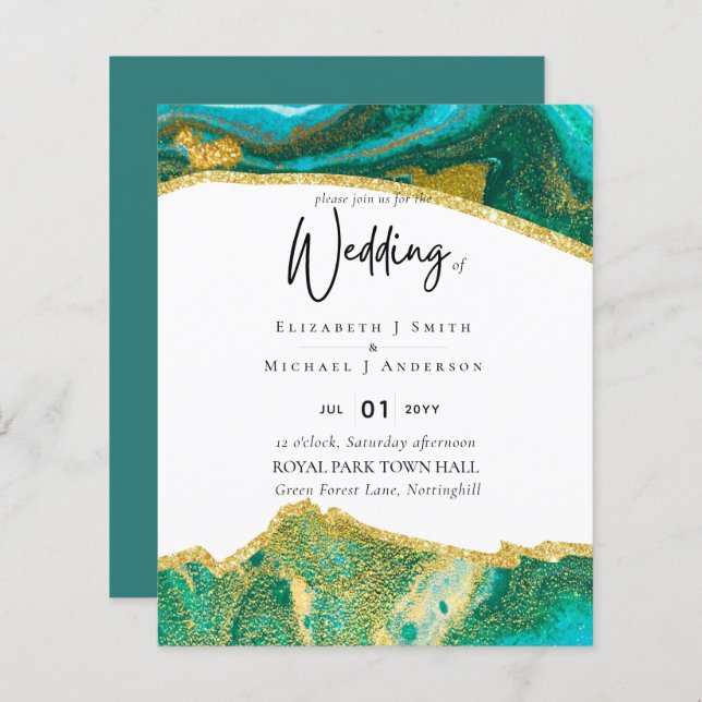 Papier Sublime TURQUOISE OR Agate Style Mariage Invitatio (Devant / Derrière)