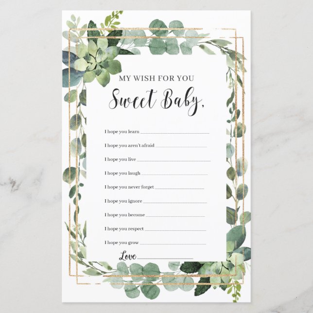 Papier Succulent mes souhaits pour le jeu de baby shower (Devant)
