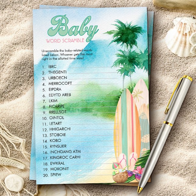 Papier Summer Beach Mot Bébé Scramble Douche Jeu (Baby shower game with tropical beach surfing theme from my Baby on Board baby shower collection)