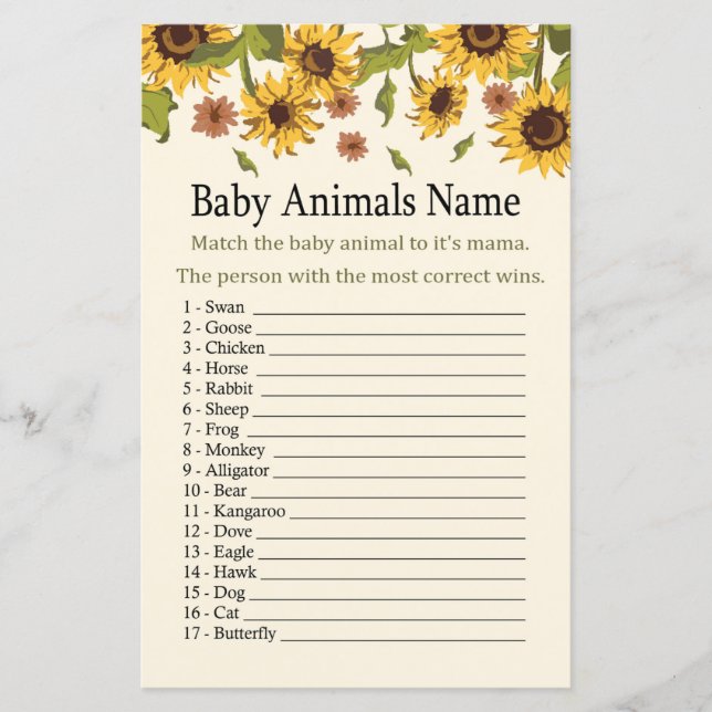 Papier Sunflower Baby Animaux Nom Jeu (Devant)