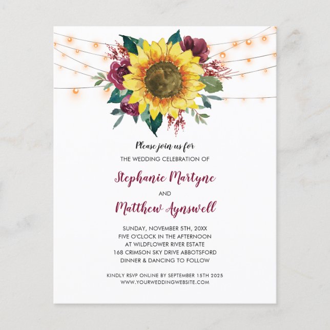 Papier Sunflower Bourgogne Rose Lumières Budget Mariage (Devant)