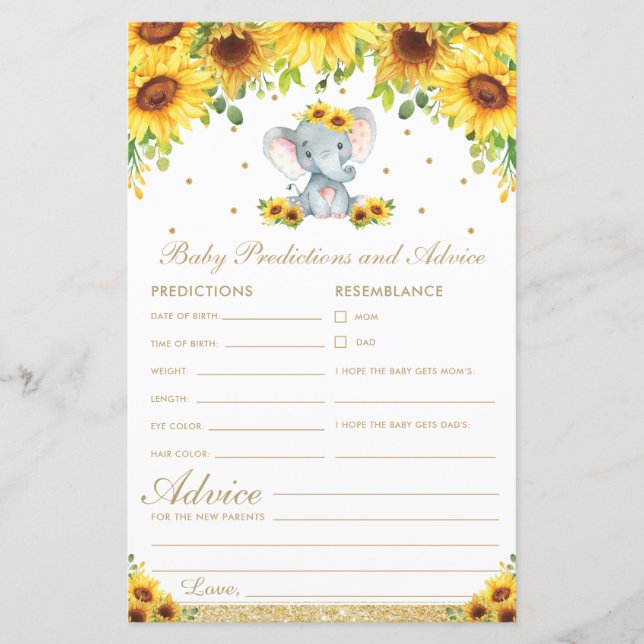 Papier Sunflower Elephant Baby Prédictions et conseils (Devant)