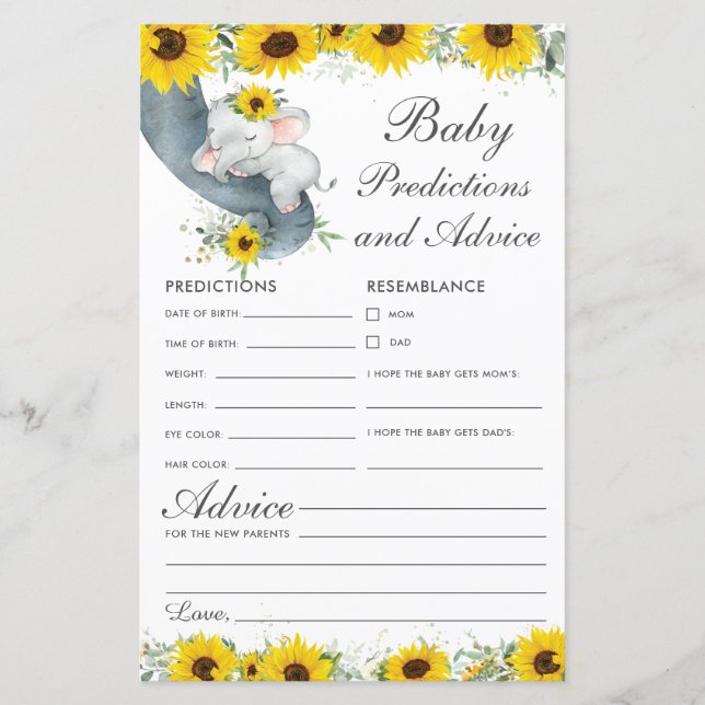 Papier Sunflower Elephant Baby Prédictions et conseils (Devant)