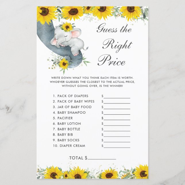 Papier Sunflower Elephant Douche Devinez le bon prix (Devant)