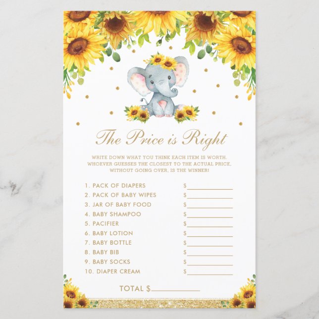Papier Sunflower Elephant Le Prix Est Juste Jeu De Douche (Devant)