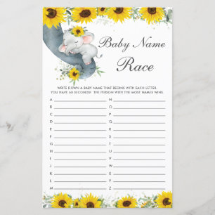 Papier Sunflower Elephant Nom du Baby shower Course Jeu